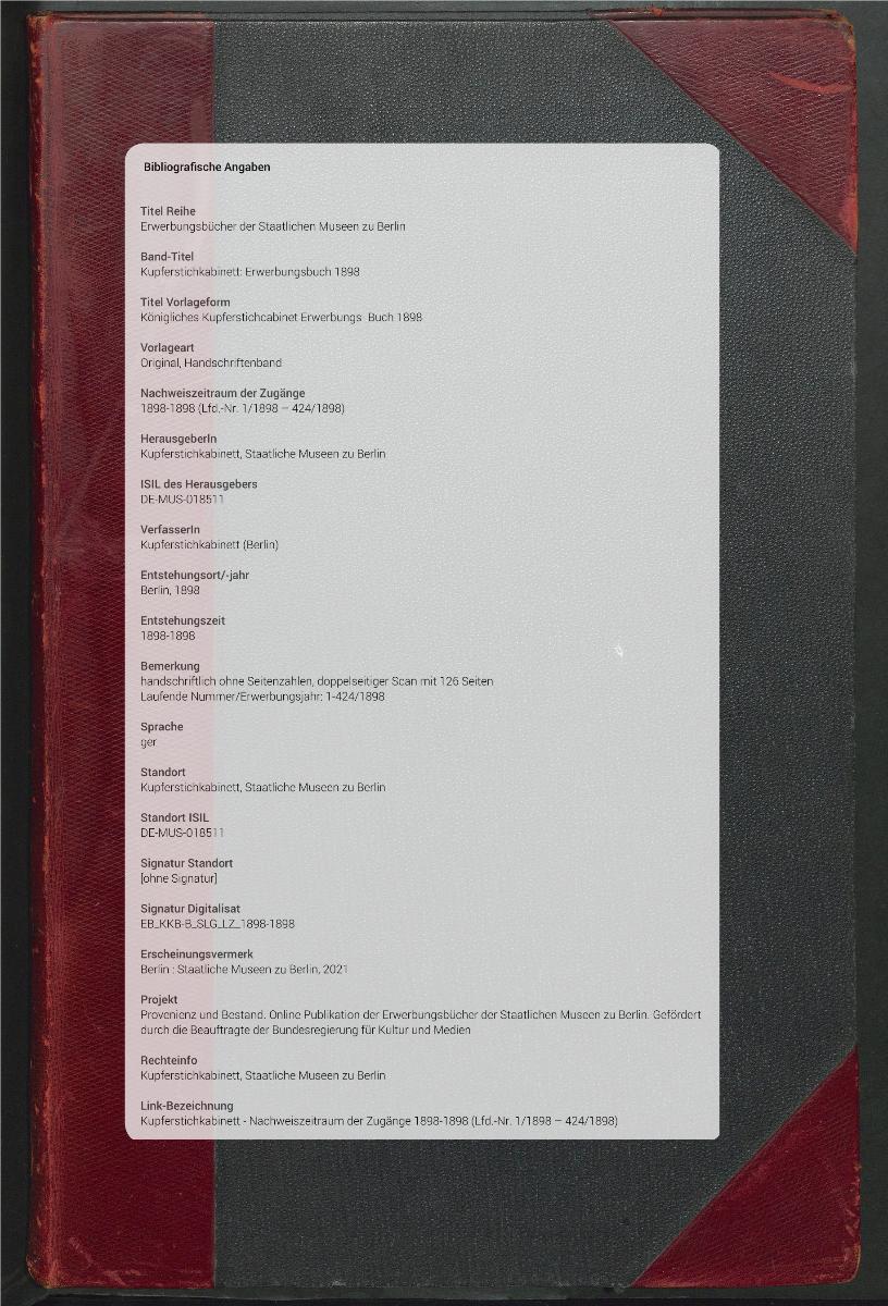 Königliches Kupferstichcabinet Erwerbungs- Buch 1898