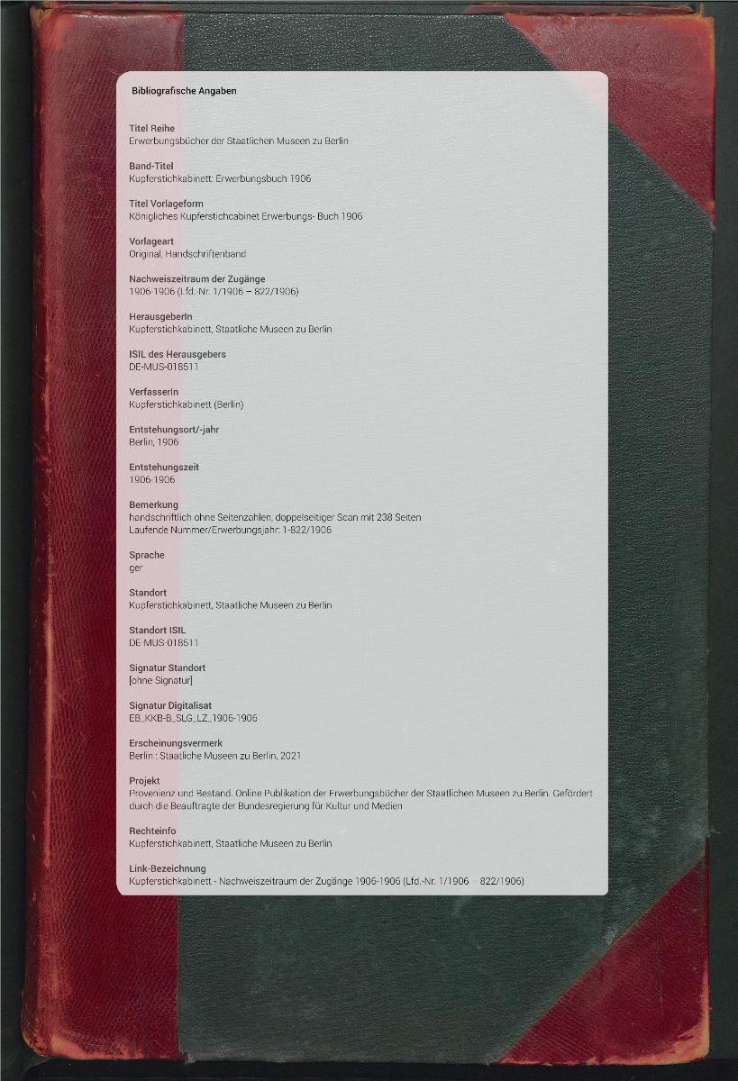 Königliches Kupferstichcabinet Erwerbungs- Buch 1906