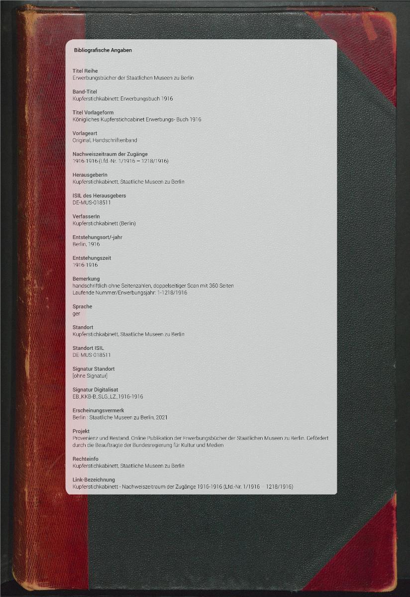 Königliches Kupferstichcabinet Erwerbungs- Buch 1916