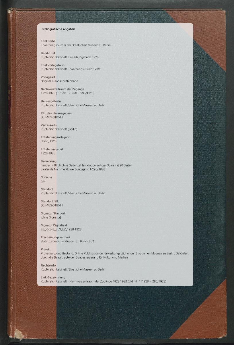 Kupferstichkabinett Erwerbungs- Buch 1928