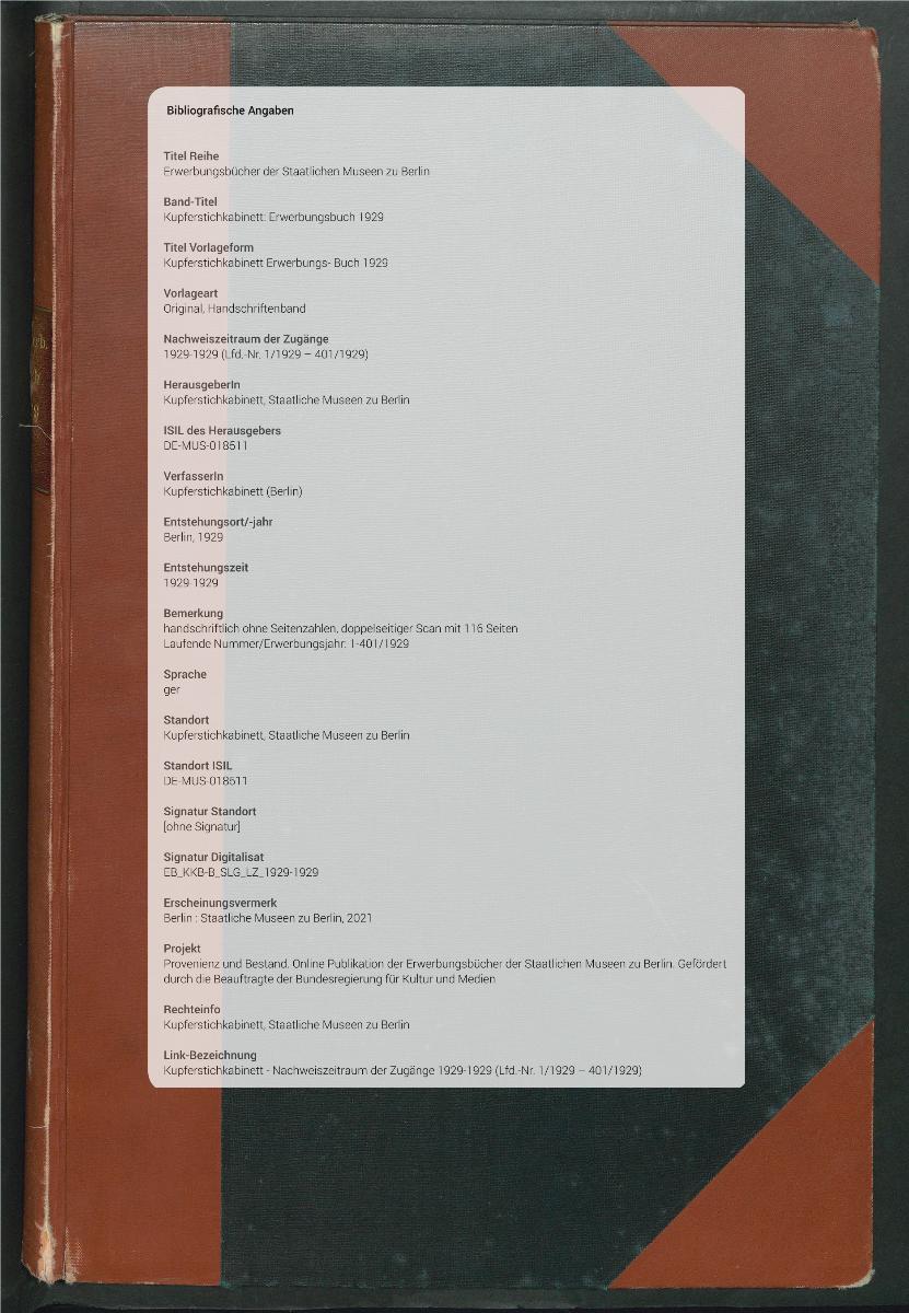 Kupferstichkabinett Erwerbungs- Buch 1929