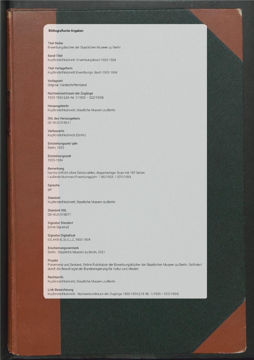 Kupferstichkabinett Erwerbungs- Buch 1933-1934