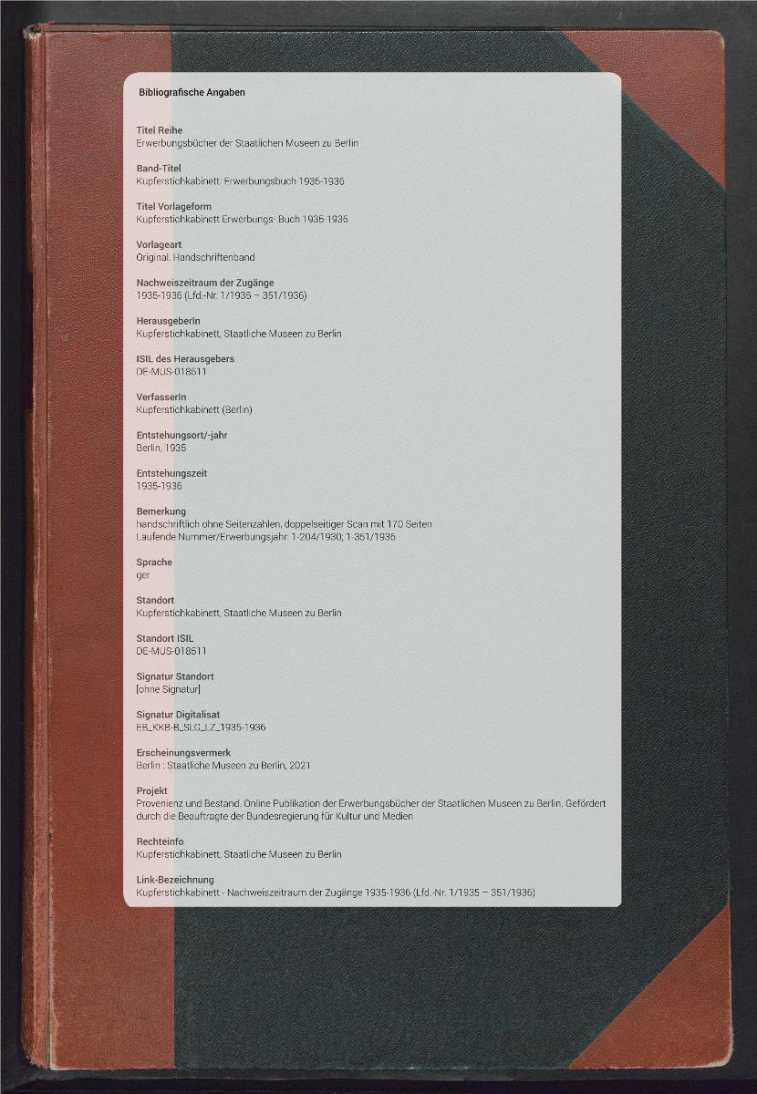 Kupferstichkabinett Erwerbungs- Buch 1935-1936