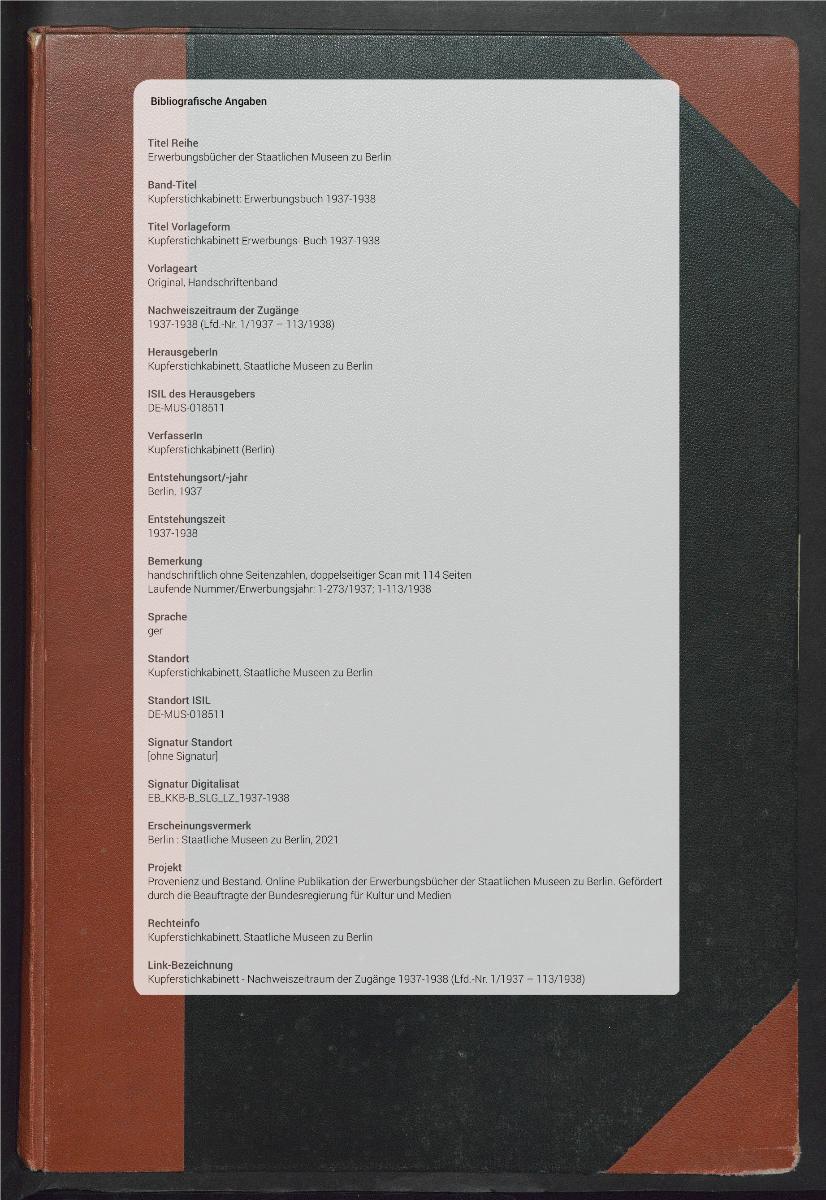 Kupferstichkabinett Erwerbungs- Buch 1937-1938