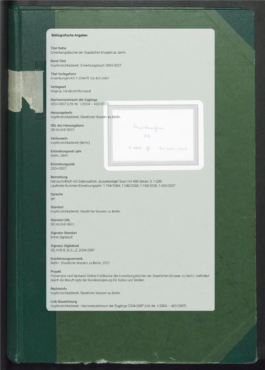Erwerbungen KK 1-2004 ff. bis 420-2007