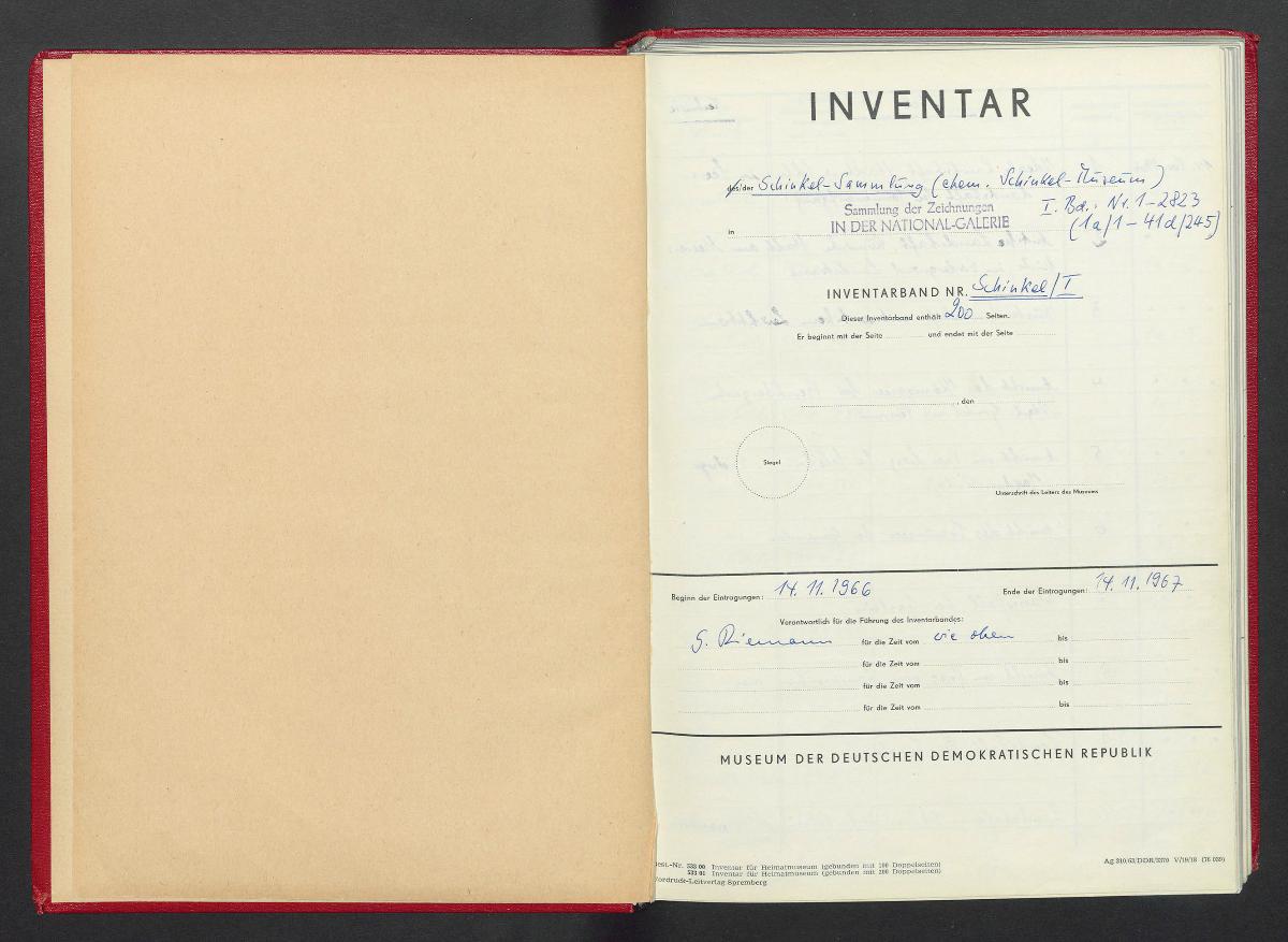 Inventar der Schinkel-Sammlung (ehem. Schinkel-Museum) I. Band Nr. 1-2823 (1a/1 - 41d/245)