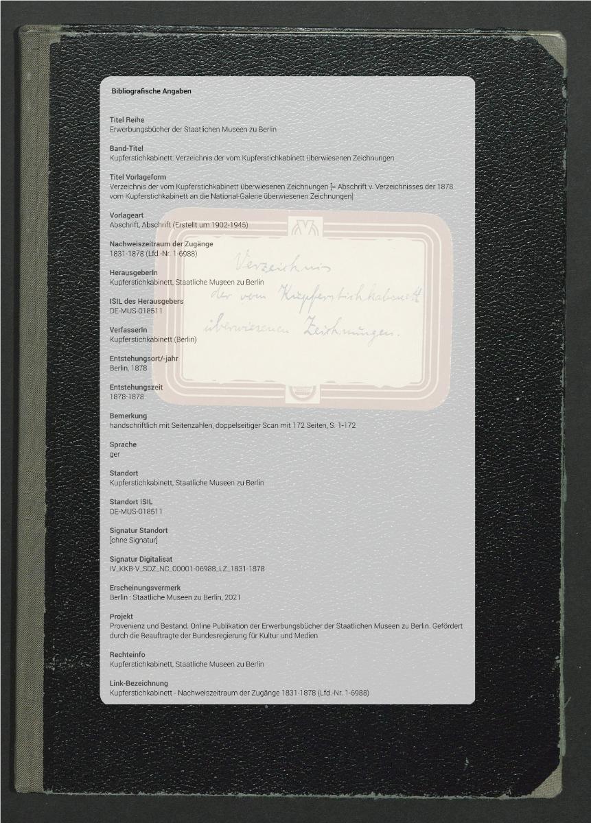 Verzeichnis der vom Kupferstichkabinett überwiesenen Zeichnungen [= Abschrift v. Verzeichnisses der 1878 vom Kupferstichkabinett an die National-Galerie überwiesenen Zeichnungen]
