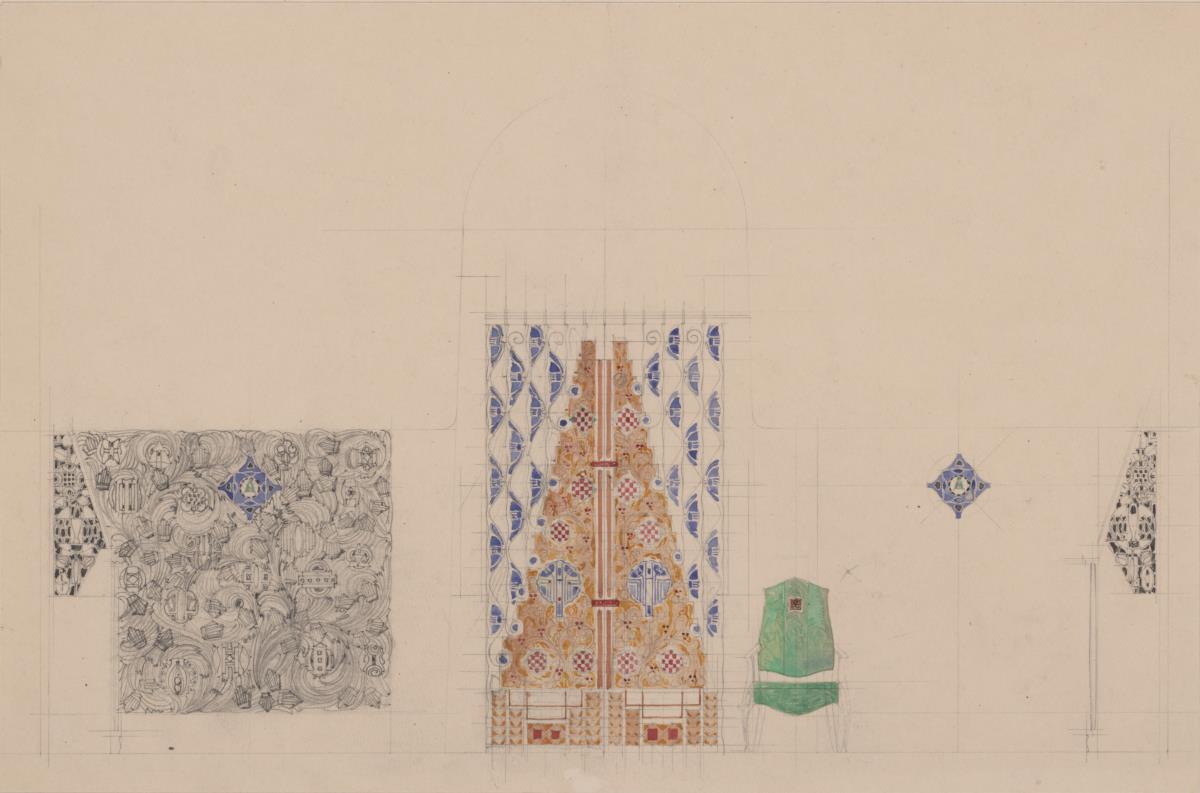 St. Louis, Sommersitz eines Kunstfreundes auf der internationalen Ausstellung, Speisezimmer, Raum 25, Aufriss der Nordwestwand