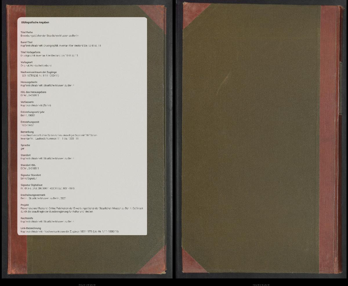 Druckgraphik Inventar Alter Bestand bis 1878 Bd. 11