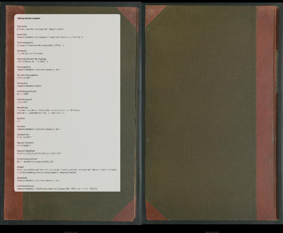 Druckgraphik Inventar Alter Bestand bis 1878 Bd. 13