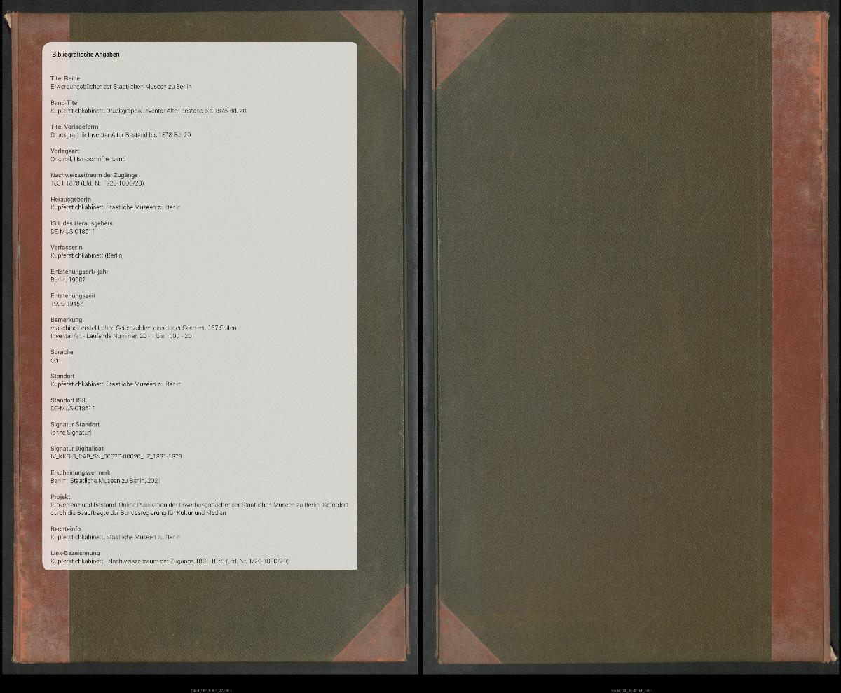 Druckgraphik Inventar Alter Bestand bis 1878 Bd. 20