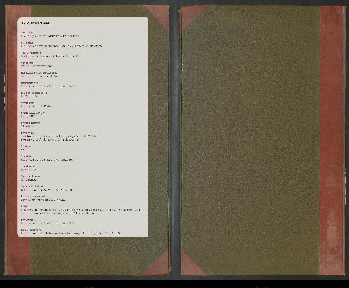 Druckgraphik Inventar Alter Bestand bis 1878 Bd. 27