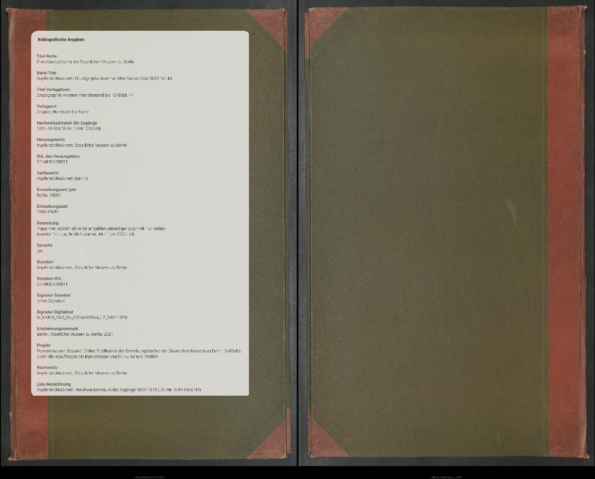 Druckgraphik Inventar Alter Bestand bis 1878 Bd. 44