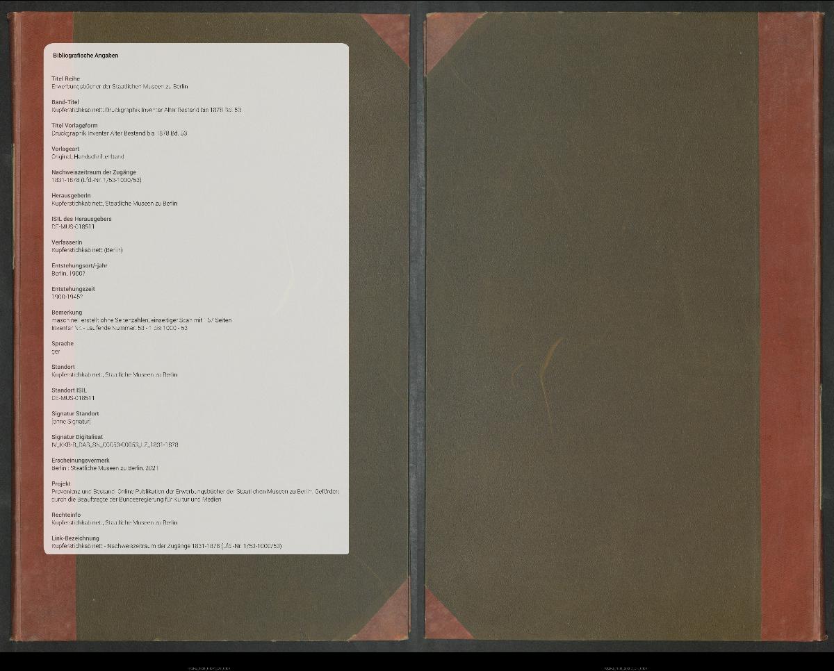 Druckgraphik Inventar Alter Bestand bis 1878 Bd. 53