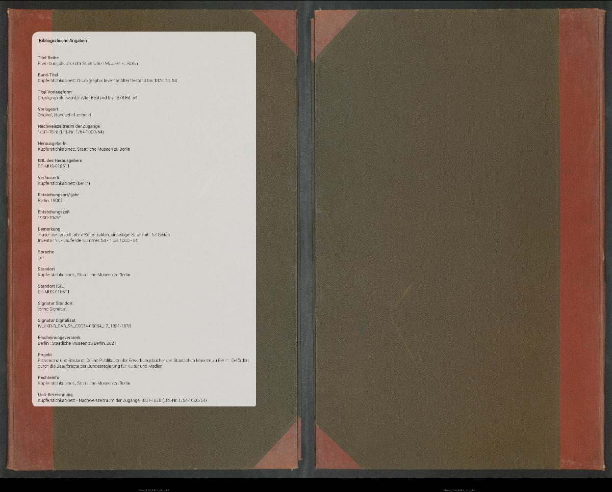 Druckgraphik Inventar Alter Bestand bis 1878 Bd. 54
