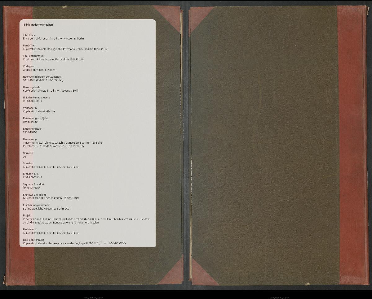 Druckgraphik Inventar Alter Bestand bis 1878 Bd. 56
