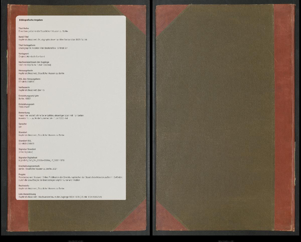 Druckgraphik Inventar Alter Bestand bis 1878 Bd. 64