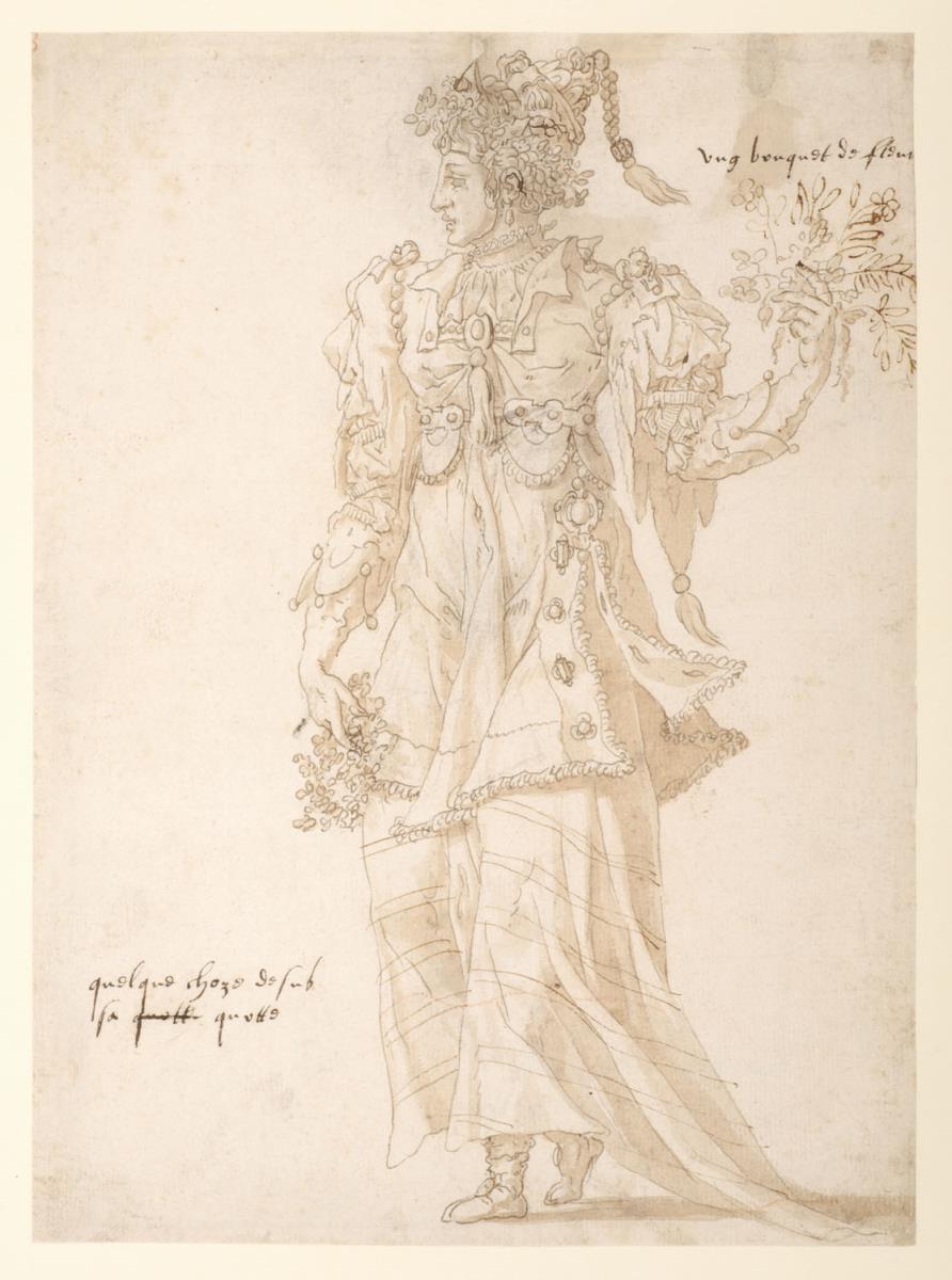 Kostümentwurf: Weibliche Figurine mit Maske, Flora (?)