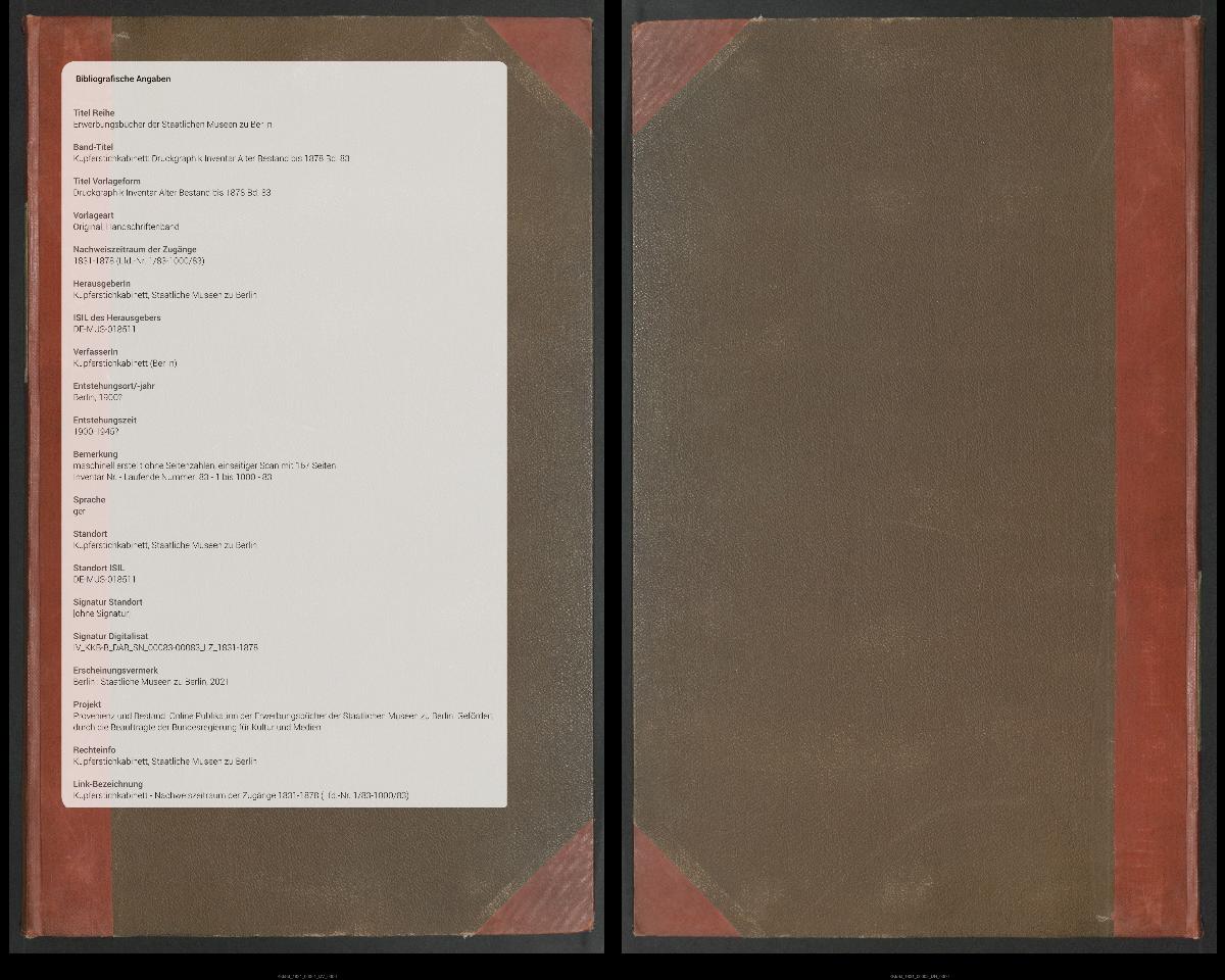 Druckgraphik Inventar Alter Bestand bis 1878 Bd. 83