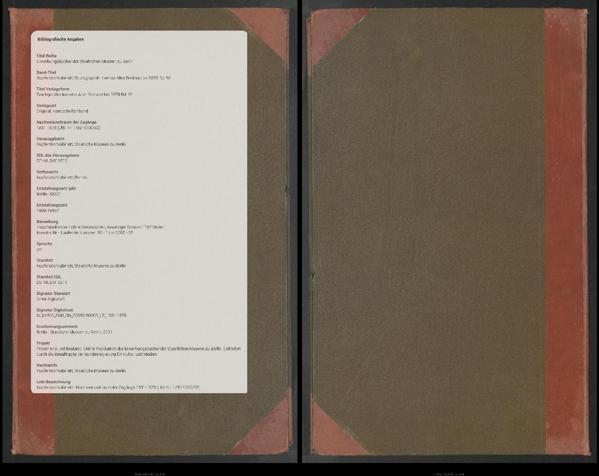 Druckgraphik Inventar Alter Bestand bis 1878 Bd. 92
