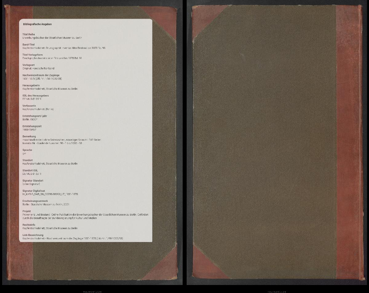 Druckgraphik Inventar Alter Bestand bis 1878 Bd. 98