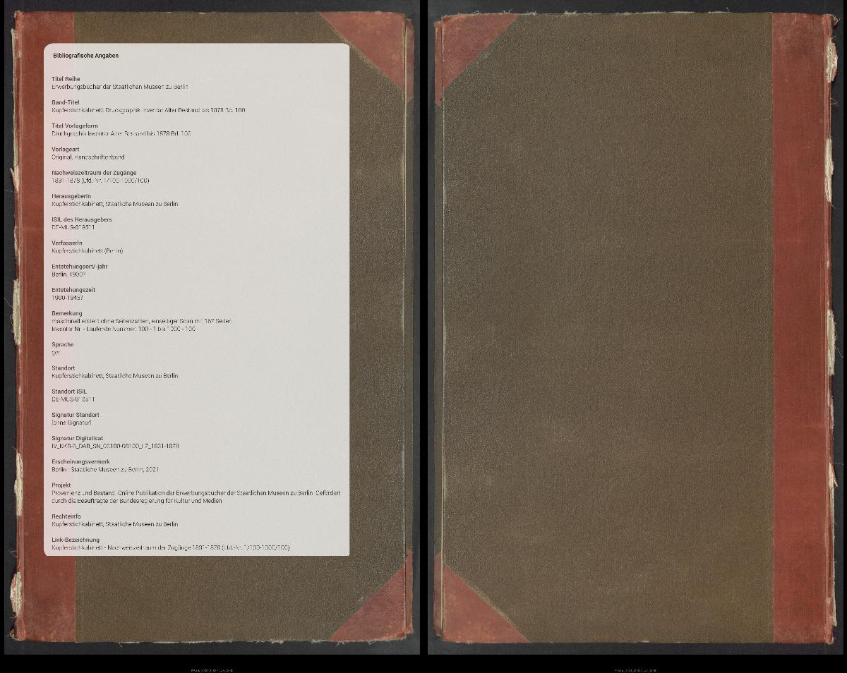 Druckgraphik Inventar Alter Bestand bis 1878 Bd. 100