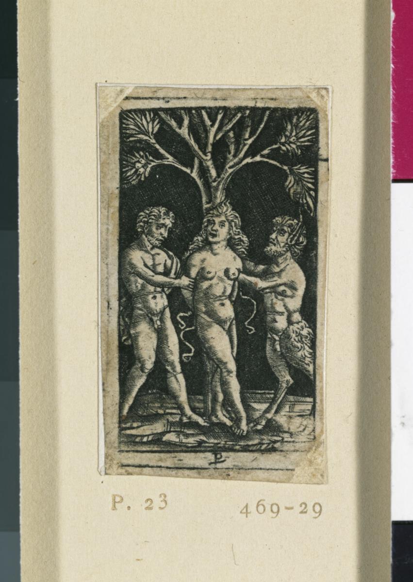 Nymphe an einen Baum gebunden von einem Satyr und einem Faun