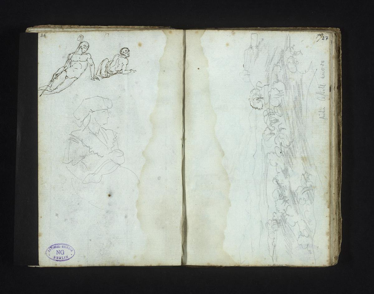 Lagernde Figuren, sitzende Frau / Landschaft "hinter Castell nuovo"