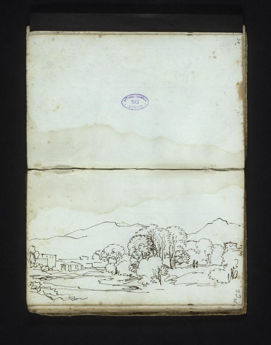 Landschaft mit Gebäuden und Bergen