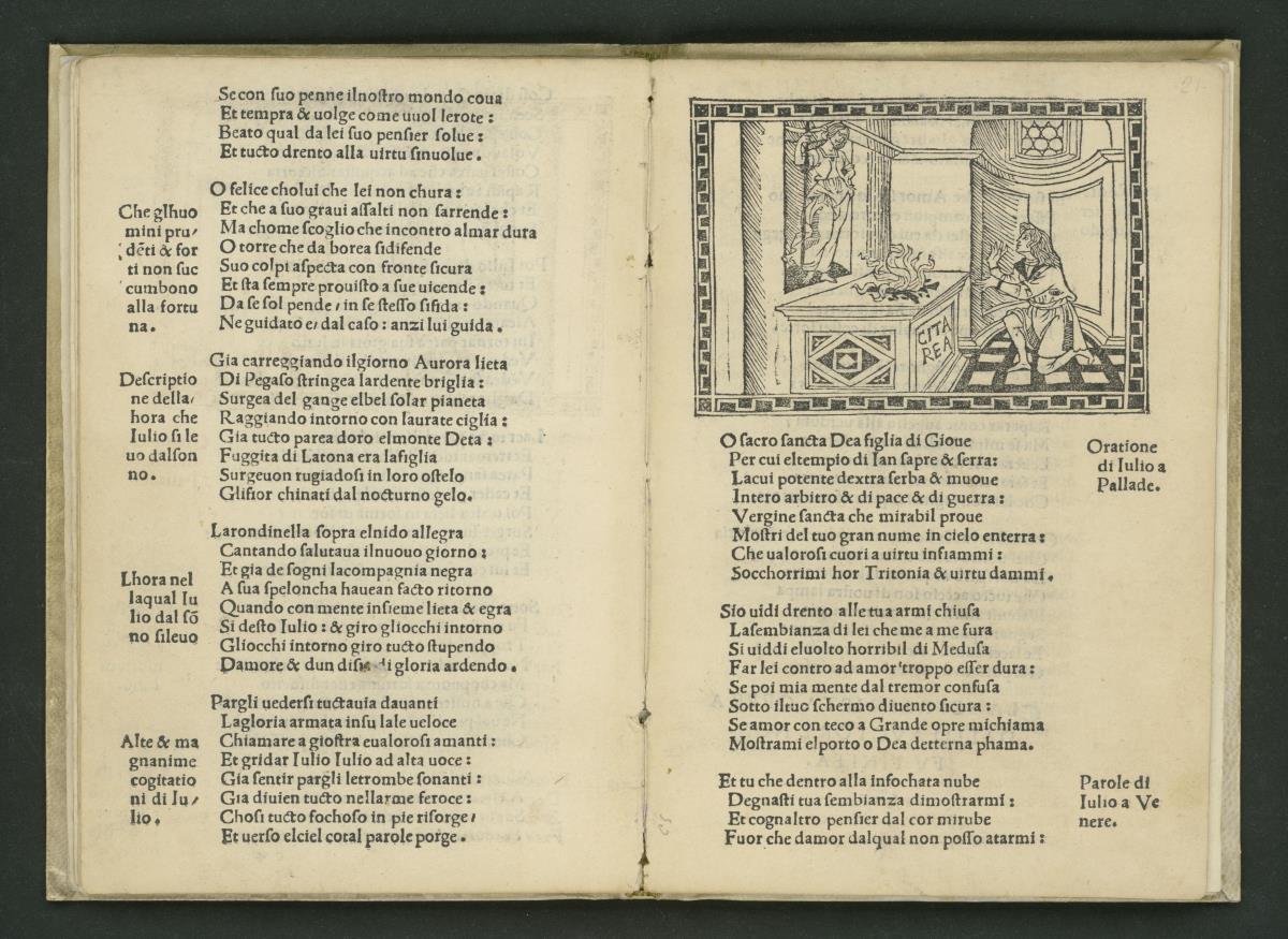 Giuliano de' Medici vor einem Altar der Citarea, aus: Angelo Poliziano, La Giostra di Giuliano de Medici und La fabula di Orfeo (Piero Pacini da Pescia, Florenz 1513)