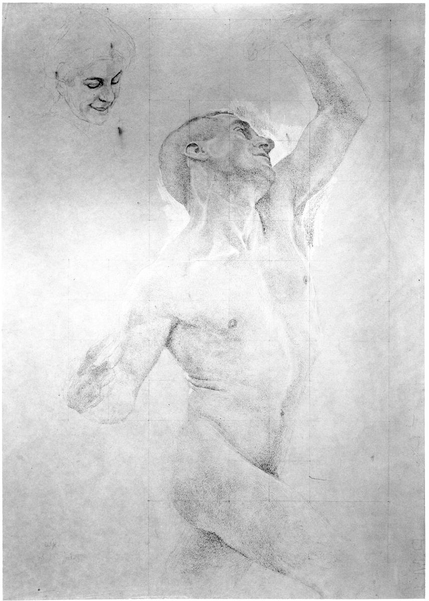 Männlicher Akt in verzückter Haltung, Frauenkopf (Studie zu: Triumph der Venus)