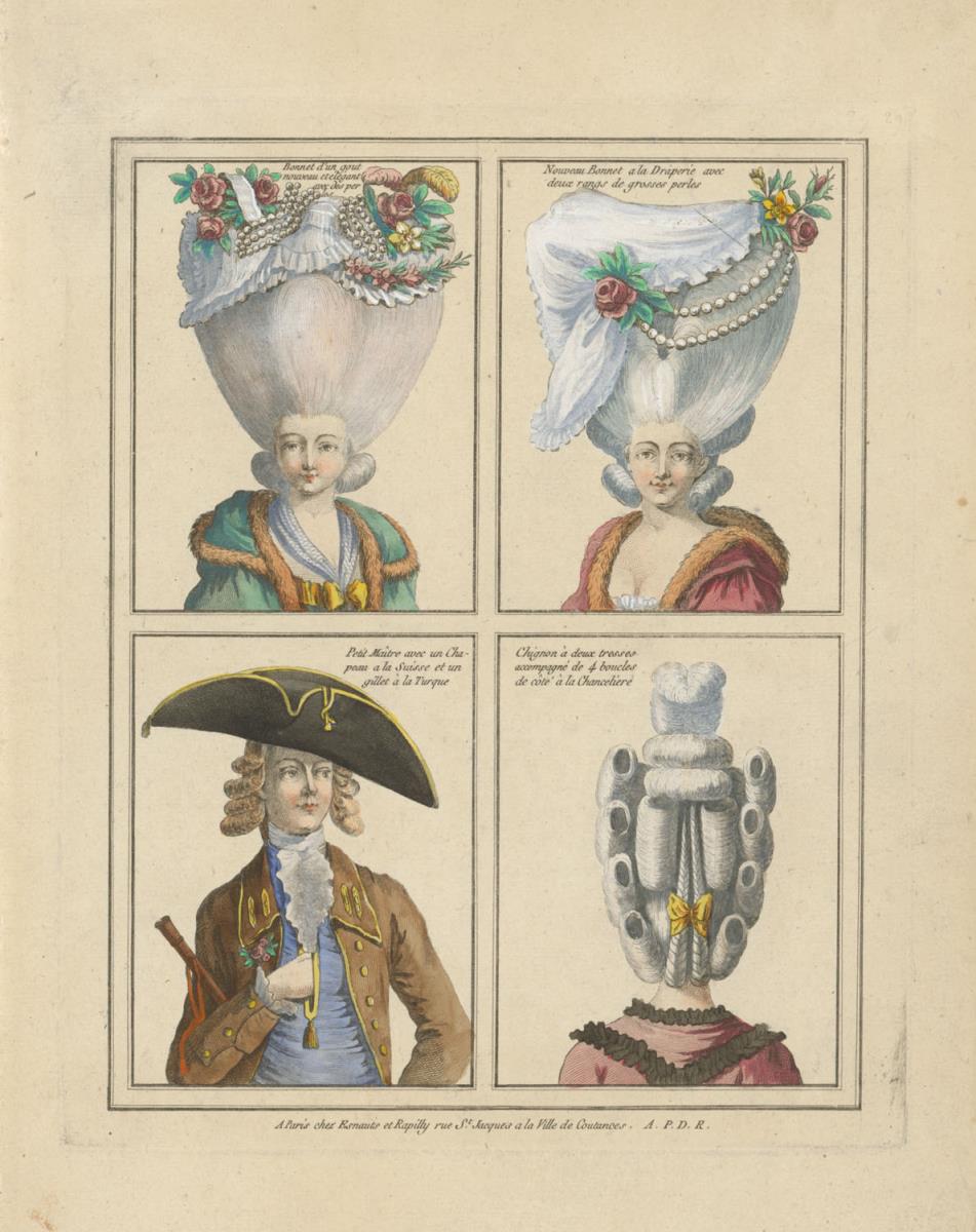 Gallerie des Modes et du Costume Français: Bonnet d'un gout nouveau et élégant avec des perles, Petit Maître avec un Chapeau à la Suisse et un gillet à la Turque. E.29