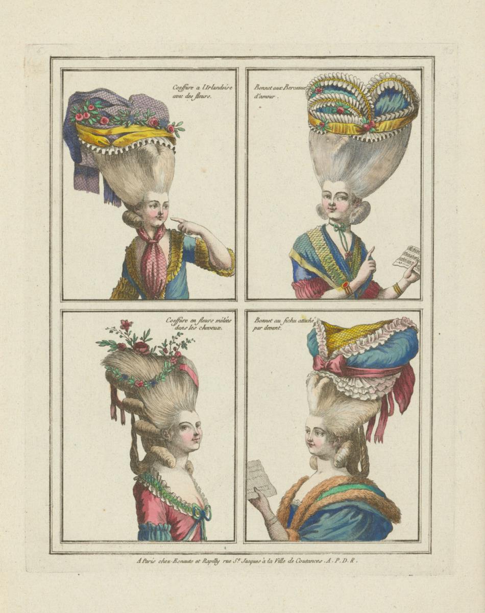 Gallerie des Modes et du Costume Français: Coiffure à l'Irlandaise avec des fleurs, Bonnet au fichu attaché par devant. E.30