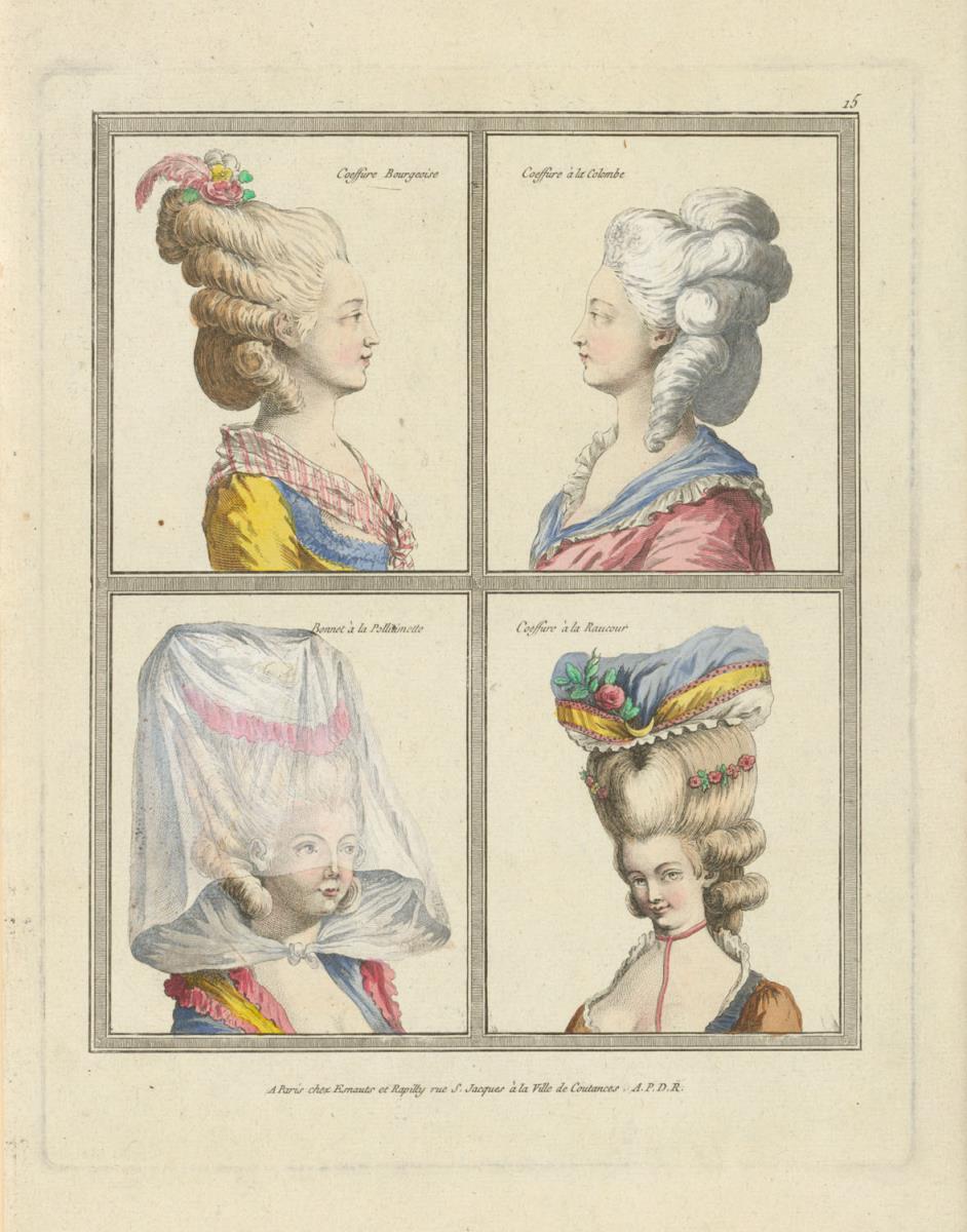 Gallerie des Modes et du Costume Français: Coiffure Bourgeoise, Coiffure à la Colombe, Bonnet à la Pollitinette. C.15