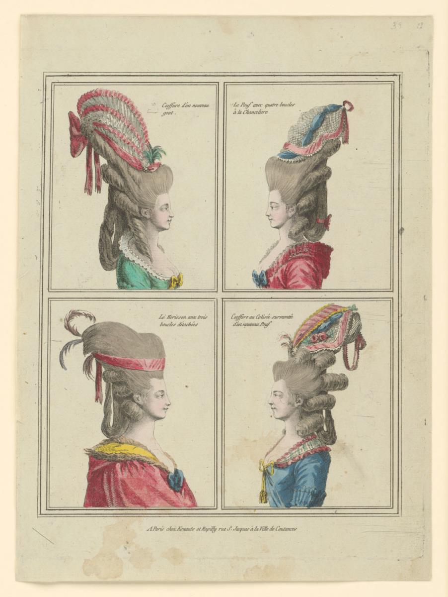 Gallerie des Modes et du Costume Français: Coiffure d'un nouveau gout, Le Pouf avec quatre boucles à Chanceliere, Le Herisson avec trois boucles détachées. B.9