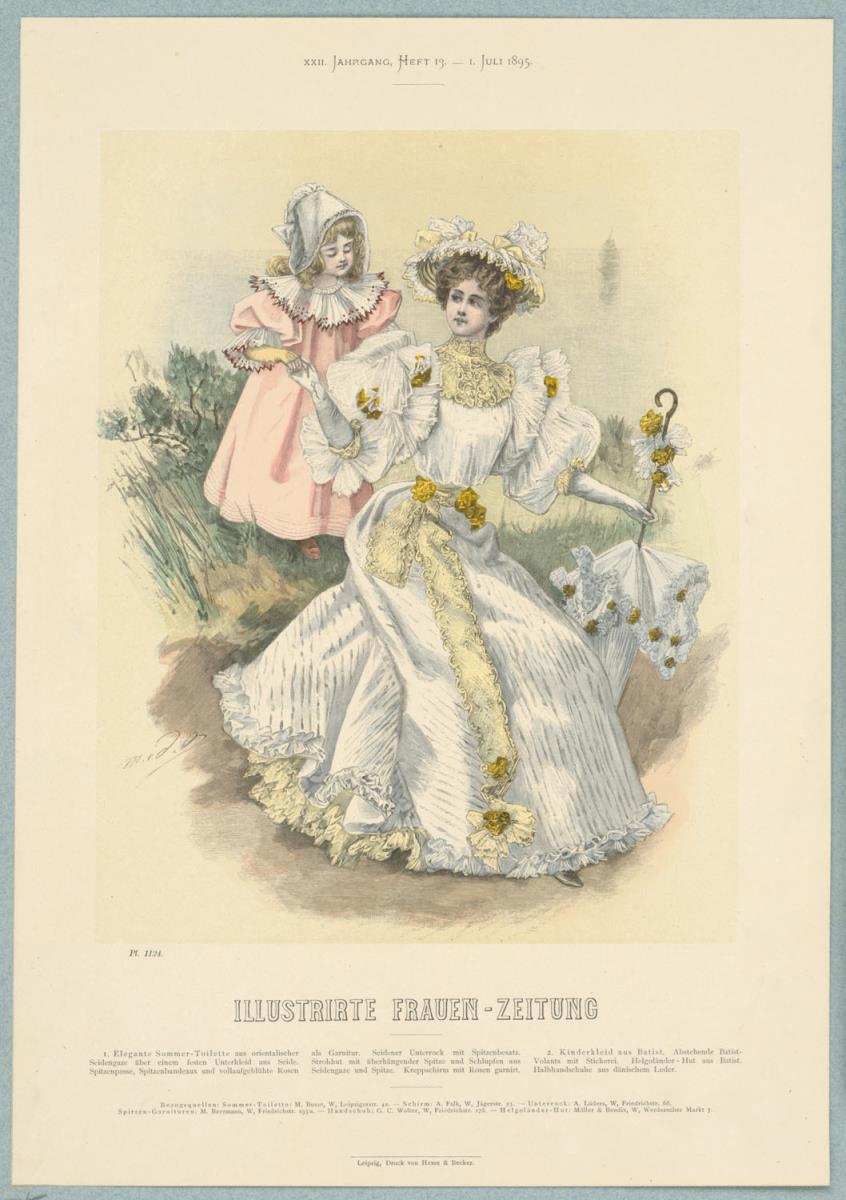 Illustrirte Frauen-Zeitung: elegante Sommer-Toilette mit Strohhut, Kinderkleid mit Helgoländer-Hut