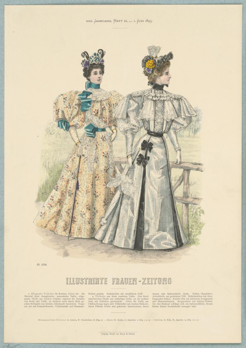 Illustrirte Frauen-Zeitung: elegante Toilette für Rennen und Toilette mit rundem Hut