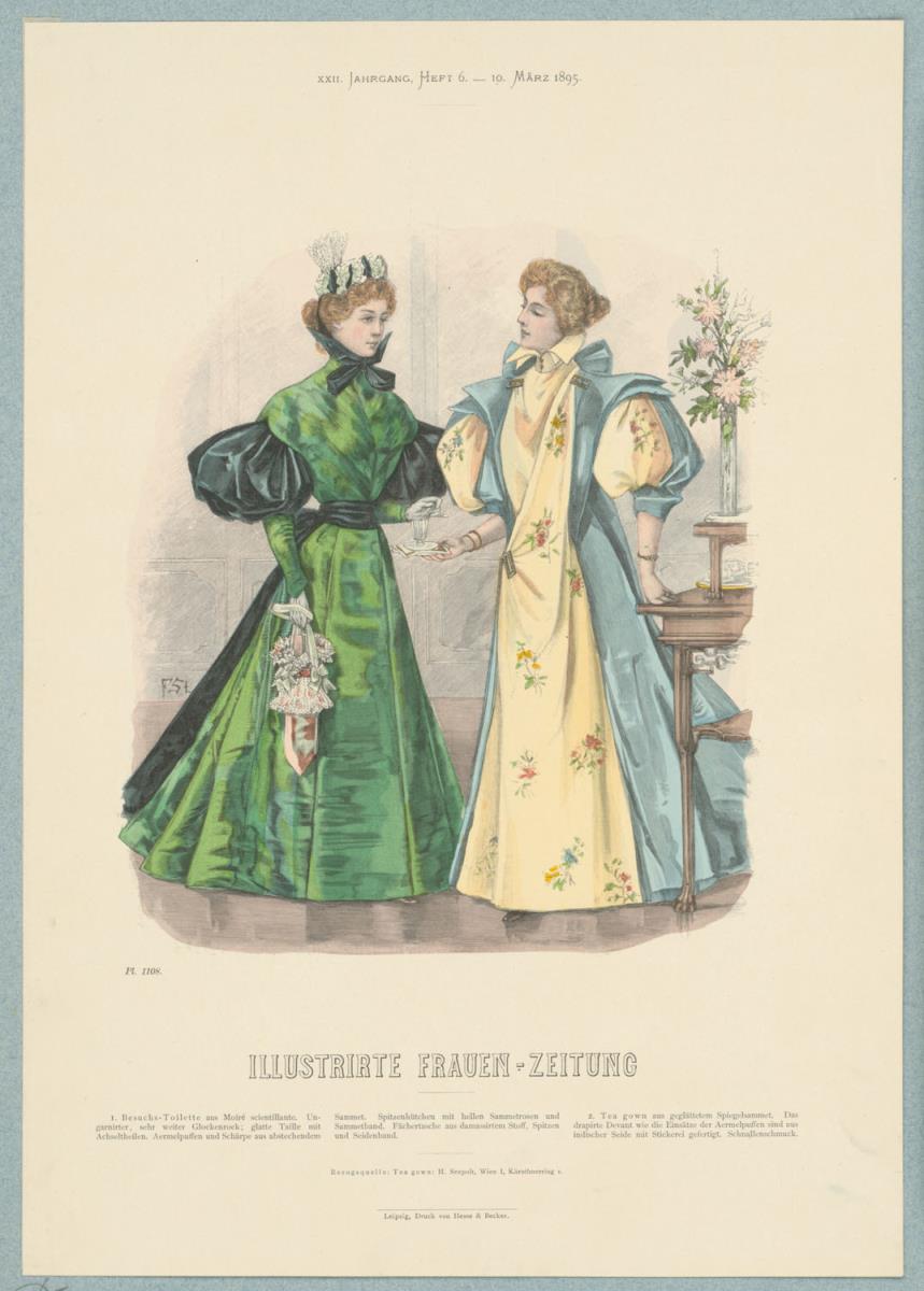 Illustrirte Frauen-Zeitung: Besuchs-Toilette mit sehr weitem Glockenrock und Tea gown mit drapiertem Vorderteil