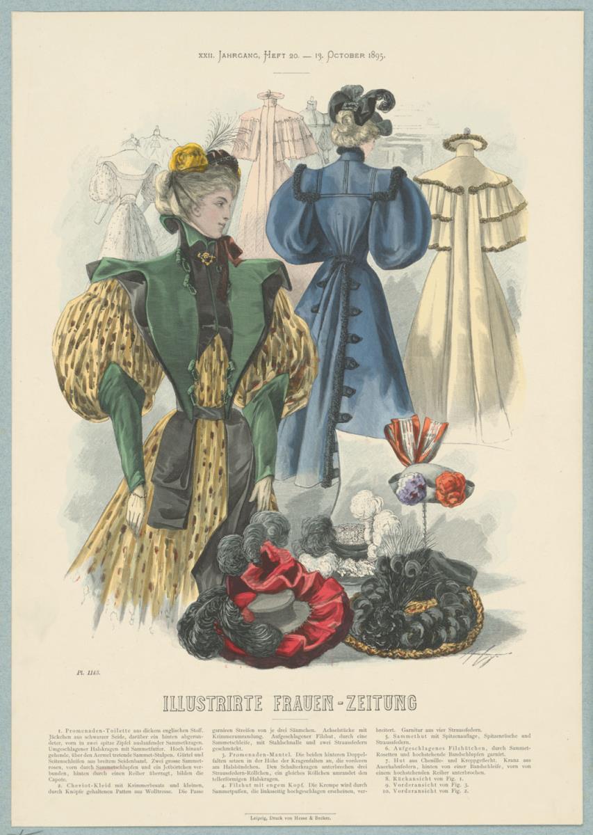 Illustrirte Frauen-Zeitung: Promenaden-Toilette, Promenaden-Mantel mit Schulterkragen, Cheviot-Kleid und modische Hüte