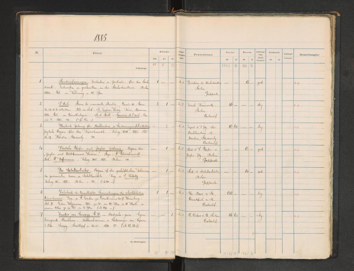 K.G.M. Bibliothek. Erwerbungsbuch. 1885