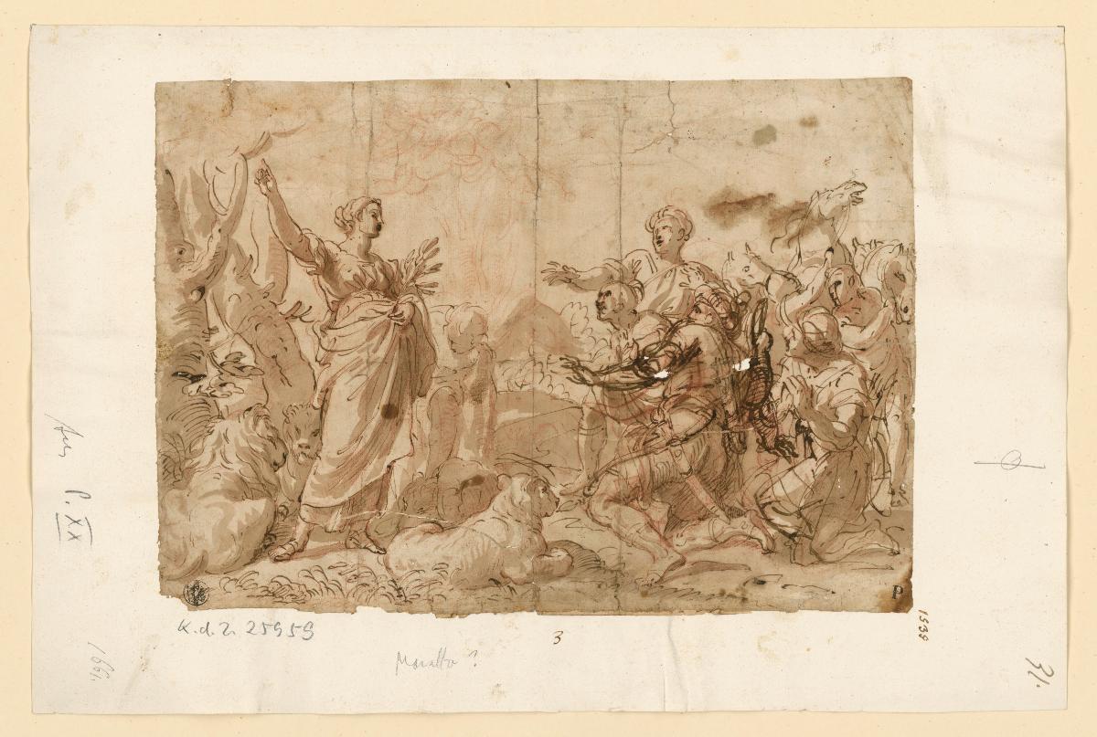 Allegorische Frauenfigur, von Vertretern der fremden Völker verehrt