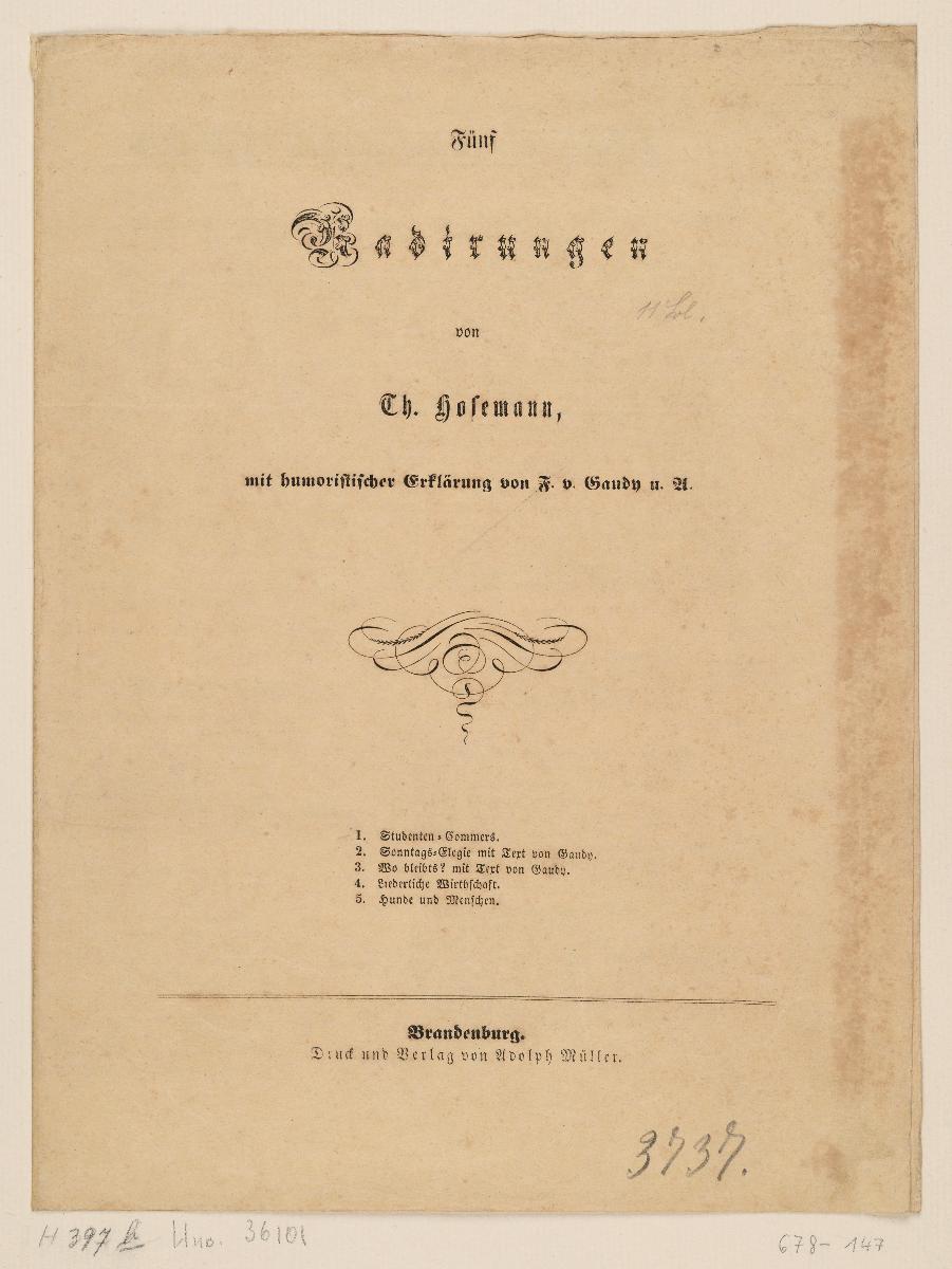 5 Radierungen. Mit humoristischen Texten von Gaudy u.a. Brandenburg 1850. Textseiten