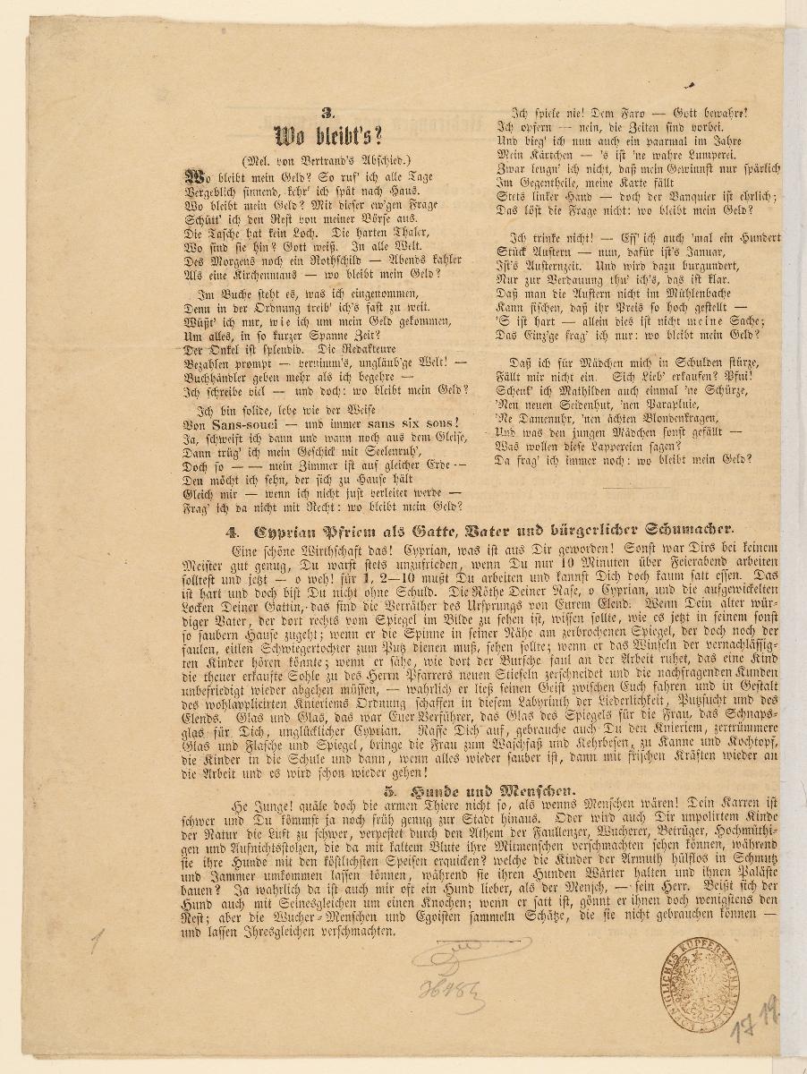 5 Radierungen. Mit humoristischen Texten von Gaudy u.a. Brandenburg 1850. Textseiten