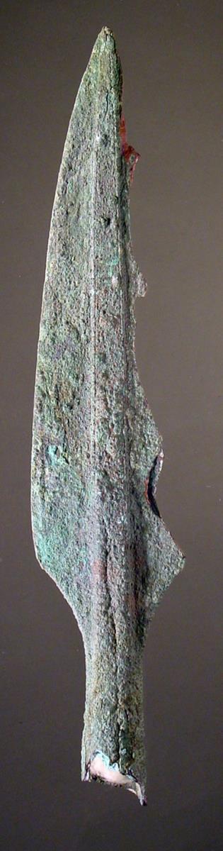 Speerspitze mit breiter flacher Mittelrippe, auf der am Rande Längslinien eingeritzt sind. Speerblatt stark beschädigt. In der Tülle Holzreste