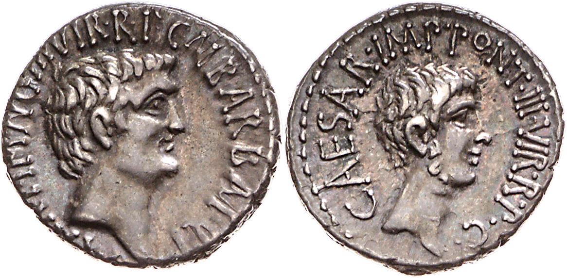 Röm. Republik: M. Barbatius Pollio, M. Antonius und C. Iulius Caesar (Octavianus)