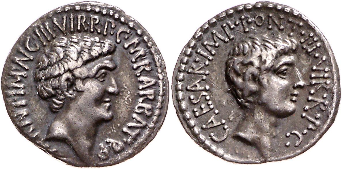 Röm. Republik: M. Barbatius Pollio, M. Antonius und C. Iulius Caesar (Octavianus)