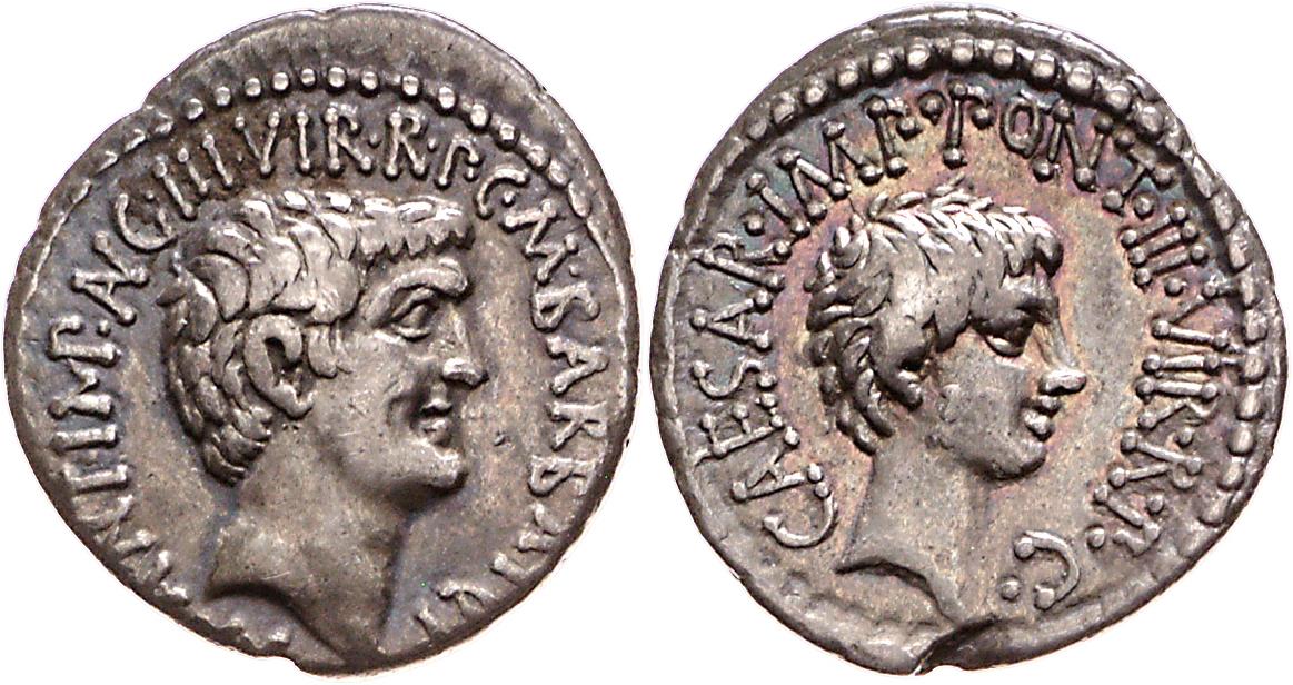 Röm. Republik: M. Barbatius Pollio, M. Antonius und C. Iulius Caesar (Octavianus)