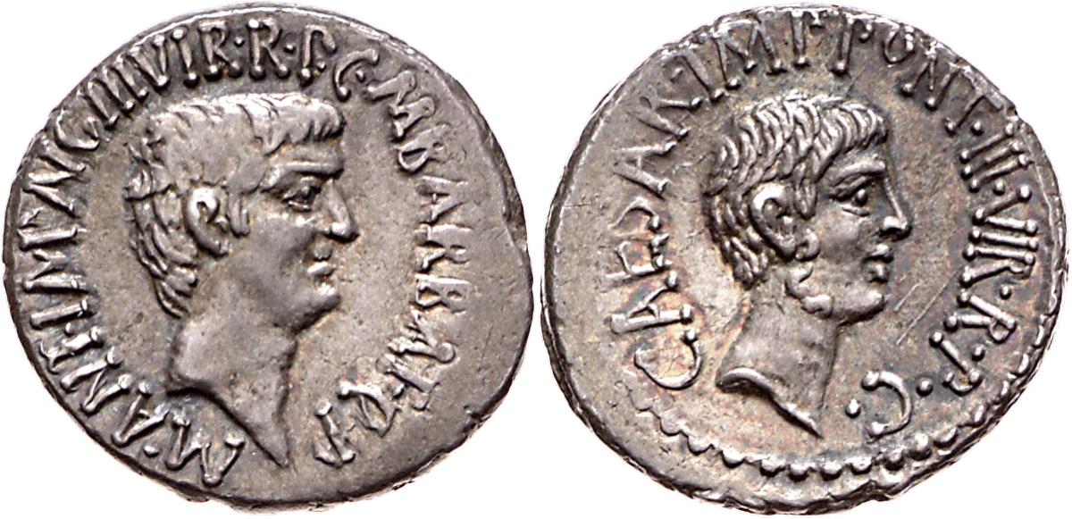 Röm. Republik: M. Barbatius Pollio, M. Antonius und C. Iulius Caesar (Octavianus)