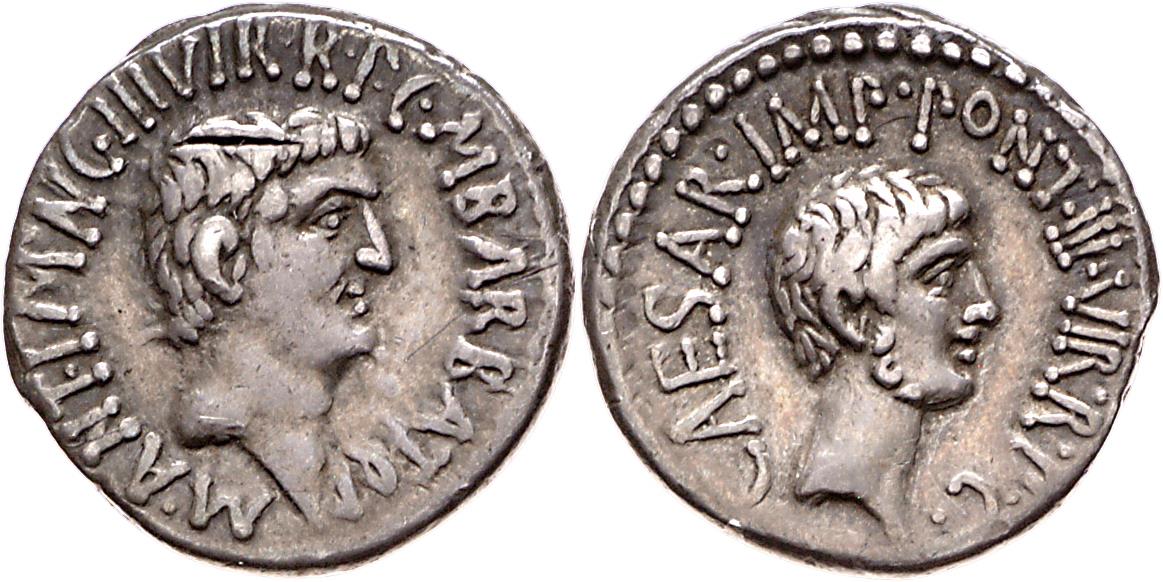 Röm. Republik: M. Barbatius Pollio, M. Antonius und C. Iulius Caesar (Octavianus)