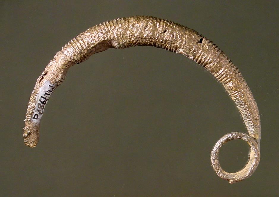 Zwei Fibeln mit einfachem rundem Bügel, der linear graviert; größeres Blech zur Nadelaufnahme. Die Nadel fehlt ganz an der einen (Fibel).
